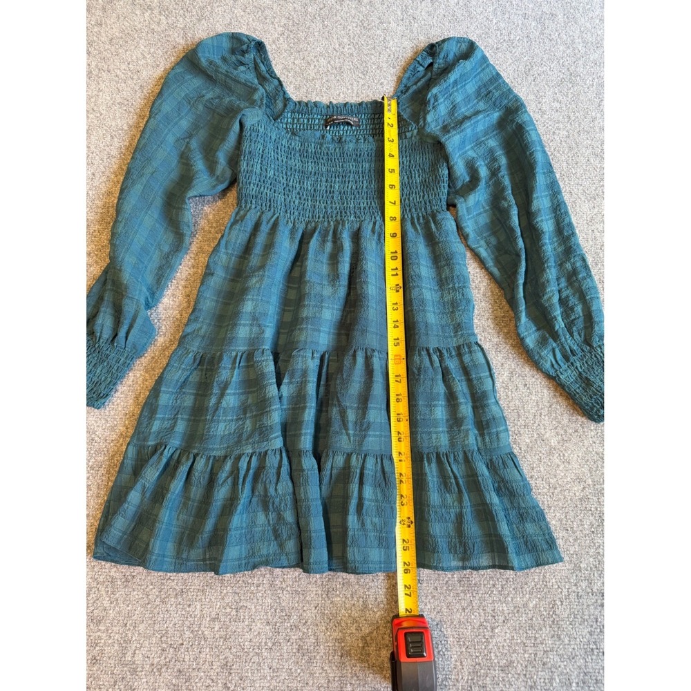 Urban Outfitters Smocked Plaid Mini Dress Teal Blue Long Sleeve Tiered XS - Picture 3 of 9